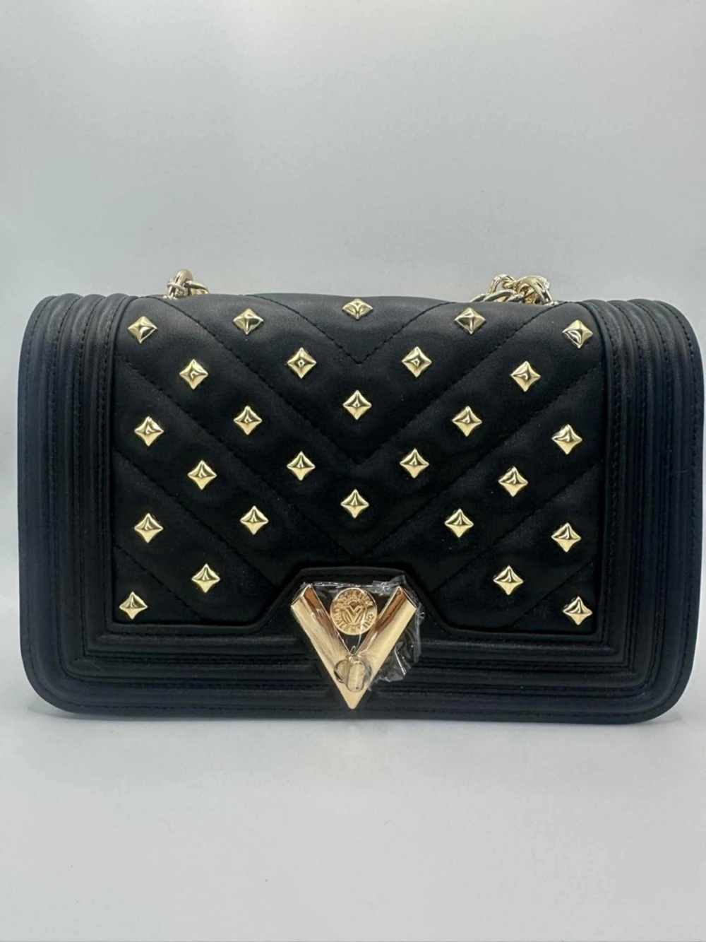Mario Valentino Black Quilted Studded Shoulder Bag with Gold Hardware